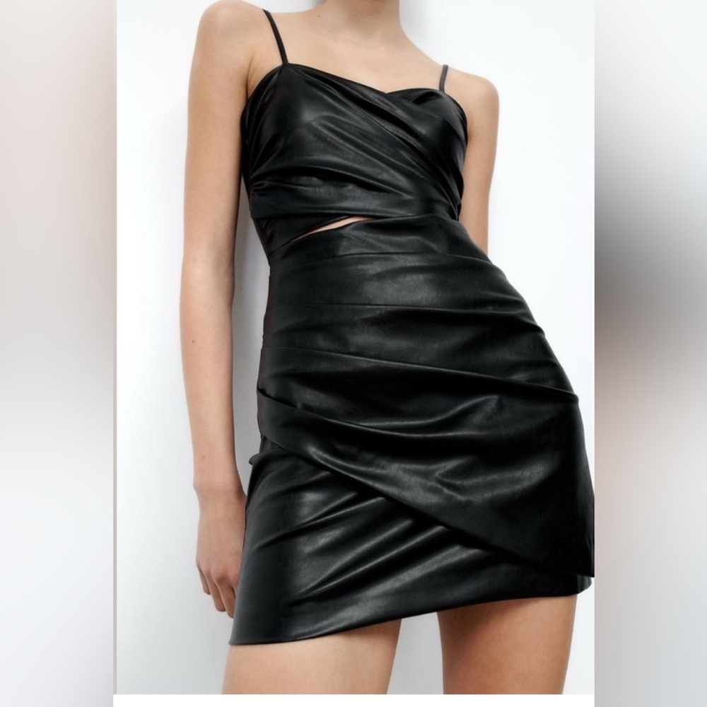 Zara Black Faux Leather Mini Dress Cut Out